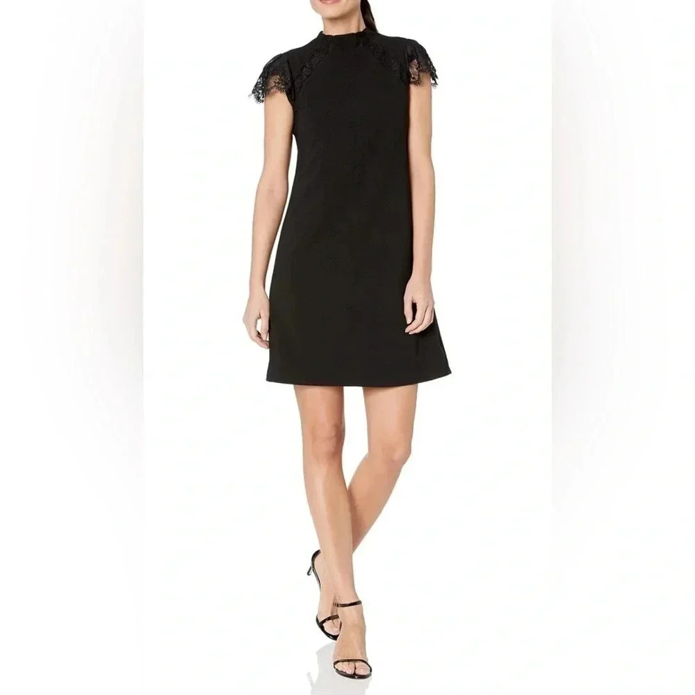 Nanette Lepore Cap Sleeve A-Line Crepe Dress High Neck Lace Trim NWT Size 10 New